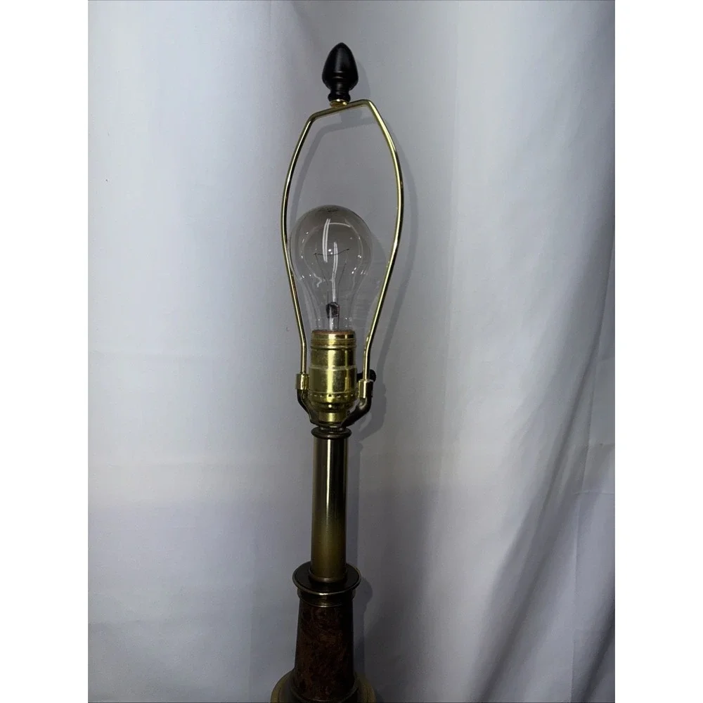 Vintage Solid Brass Table Lamp Pair Hollywood Regency Faux‎ Wood Accent Lighting